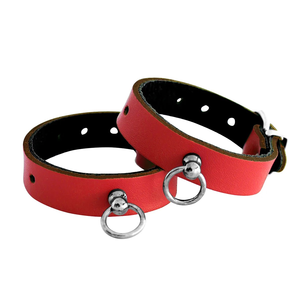 Leather Handcuffs Mini O-Ring Red